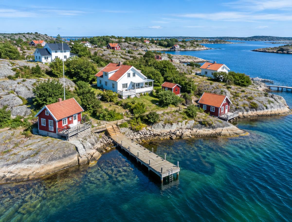 Illustrerat kustlandskap med brygga och bebyggelse